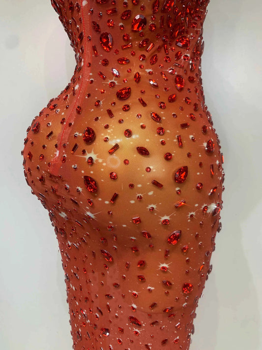 Luxury Rhinestones Sexy Mesh See Through Bodycon Dress Women Birthday Evening Cocktail party Gown Red Carpet Club Stage Outfit