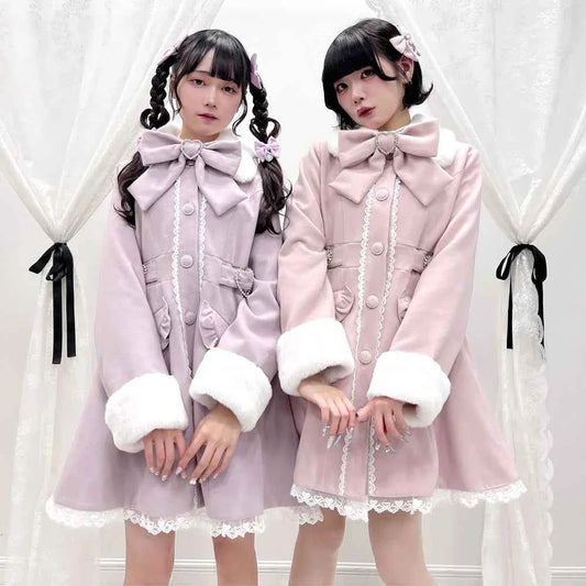 Japanese Sweet Winter Woolen Coat Lolita Style Cute Big Bow Fungus Edge Long Sleeve Slim Kawaii Girls Women Elegant Overcoat