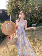 French Elegant Floral Strap Dress Women Sweet Beach Style Korean Fashion Clothing Evening Party Vintage Midi Dress Evening Party