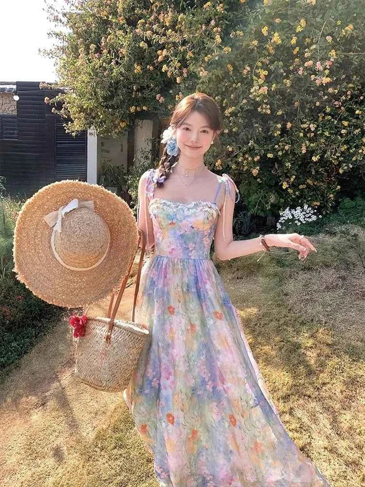 French Elegant Floral Strap Dress Women Sweet Beach Style Korean Fashion Clothing Evening Party Vintage Midi Dress Evening Party