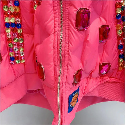 Winter Ruffles Mesh Stitching Rainbow Diamonds Parkas Jacket Gauze Pleated Gemstones Cotton-padded Coat Zippers Crystal Outwear SS69