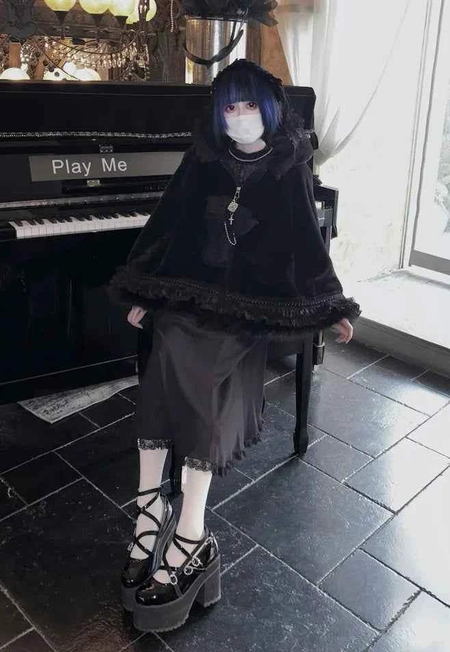 Japanese Mine Lace Splicing Cute Bow Lolita Shawl Jacket Autumn and Winter New Sweet Girl Loose Warm Plush Cape Coat Women