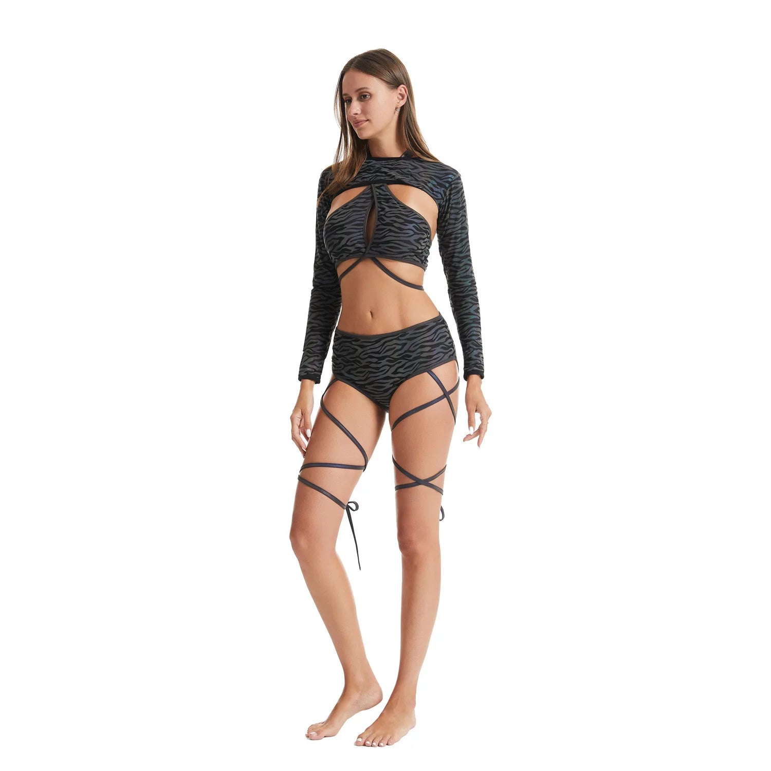 Harajuku Fashion Women Colorful Reflective Set Bandage Shorts+Bra+Crop Top Techwear Clothing Conjuntos Curtos SS69