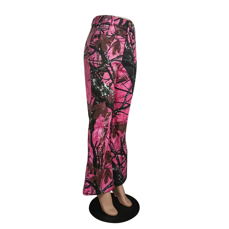 FAGADOER Pink Camouflage Print Pants Women Y2K Streetwear Button Pocket patchwork Straight Pants Hot girl Bottoms 2025 SS69
