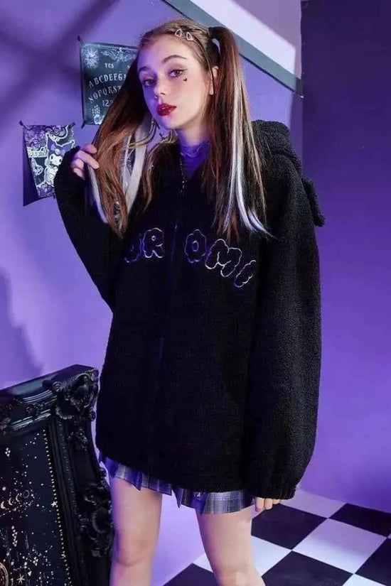 Sanrio New Hoodie Hooded Kuromi Cute Thicken Coat Fleece-Lined Embroidery Women's Loose Plus Size Hoodie Autumn and Winter Ins