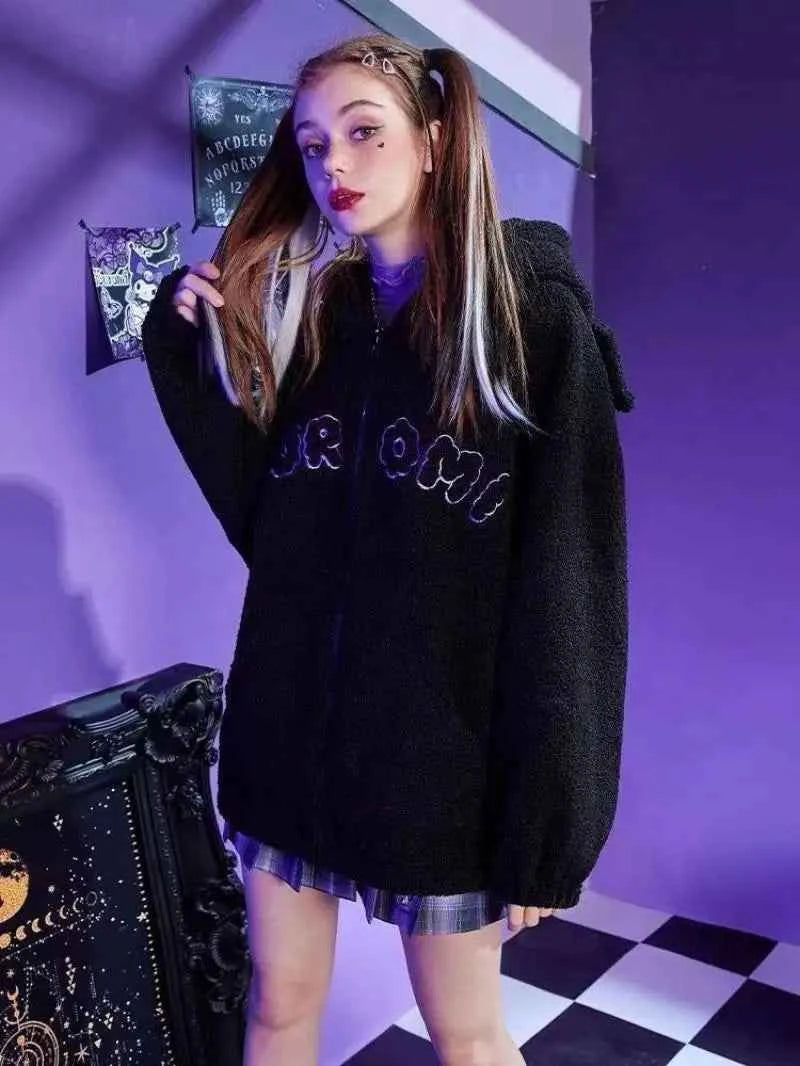 Sanrio New Hoodie Hooded Kuromi Cute Thicken Coat Fleece-Lined Embroidery Women's Loose Plus Size Hoodie Autumn and Winter Ins