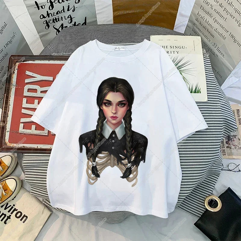 Wednesday Addams Women Casual T-shirt Summer Adult Cartoon Printed Tee Tops Girls Round Neck Clothing Short Sleeve Fashion Gifts SS69