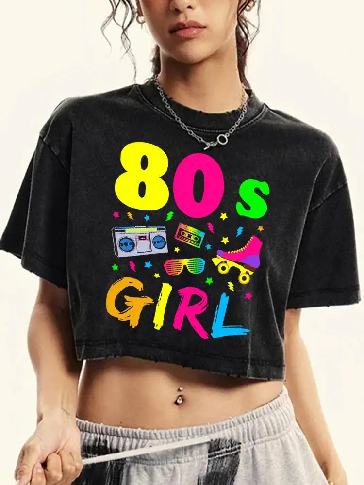 80 S Girl Colorfulprinting Female Washed Short Tshirt Breathable Summer T Shirt Casual Fashion Midriff-Baring Distress Tops SS69