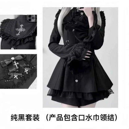 2025 Autumn Gothic Lolita Dress Sweet Heart Black Bow - Elegant Long Sleeve Short Dress with Lace Trim Slim Fit Waist for Women