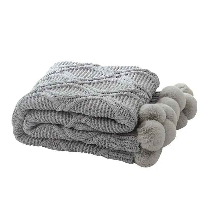 SS69 Chunky Chenille Knit Throw Blanket with Pom Poms, 130x170cm