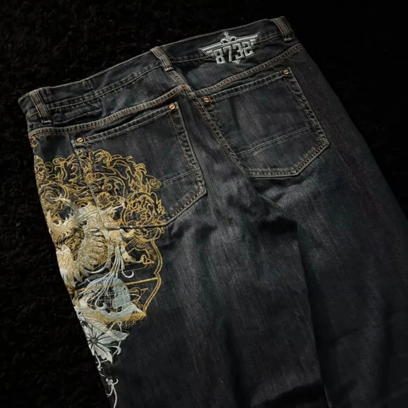 Y2K Cherry Blossom Embroidered Wide Leg Jeans