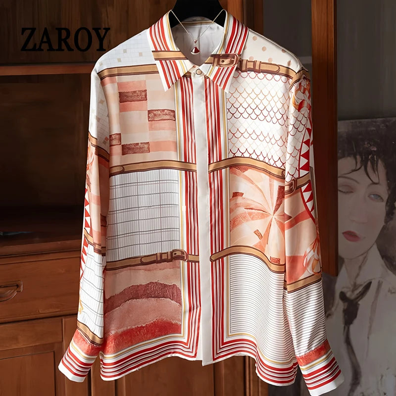 Camisas Newest Exclusive Women Luxury Shirt Long Sleeve Lapel Satin Shirt Old Money Print Brand Design Shirt OL Blouse руба