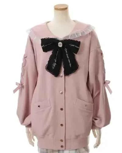 Mine Series Japanese Embroidery Bow Sail Collar Black Long Sweatshirt Coat Women Hoodie Lolita Sweet Girls Pink Hoodies Jacket