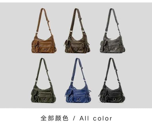Vintage Multiple Pockets Women Shoulder Bags Luxury Washed Pu Leather Crossbody Bag Retro Motorcycle Bag Y2K Sac for Girls 2024
