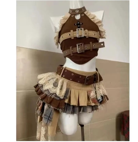 Harajuku Retro Summer New Girl Multi-layer Pleated Skirt Suit Heavy Industry Women's 2 Piuece Sets Lace Splicing Irregular Top SS69 59.69 F / S