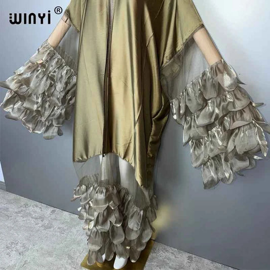 WINYI Catwalk sexy Kimono Women elegant coat Long Sleeve Cardigan abaya dubai luxury beachwear Cover Up dress holiday Caftan