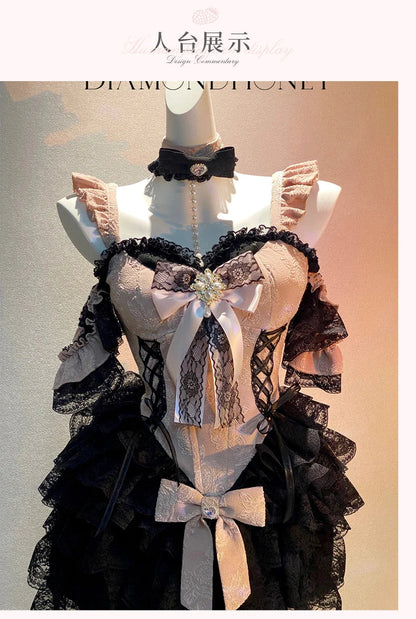 2024 New Spring Summer Ladies Exquisite Lace Skirt Suit Lolita Sweet Womens Black Pink Bow Tube Top Sling Short Cake Skirt Set SS69