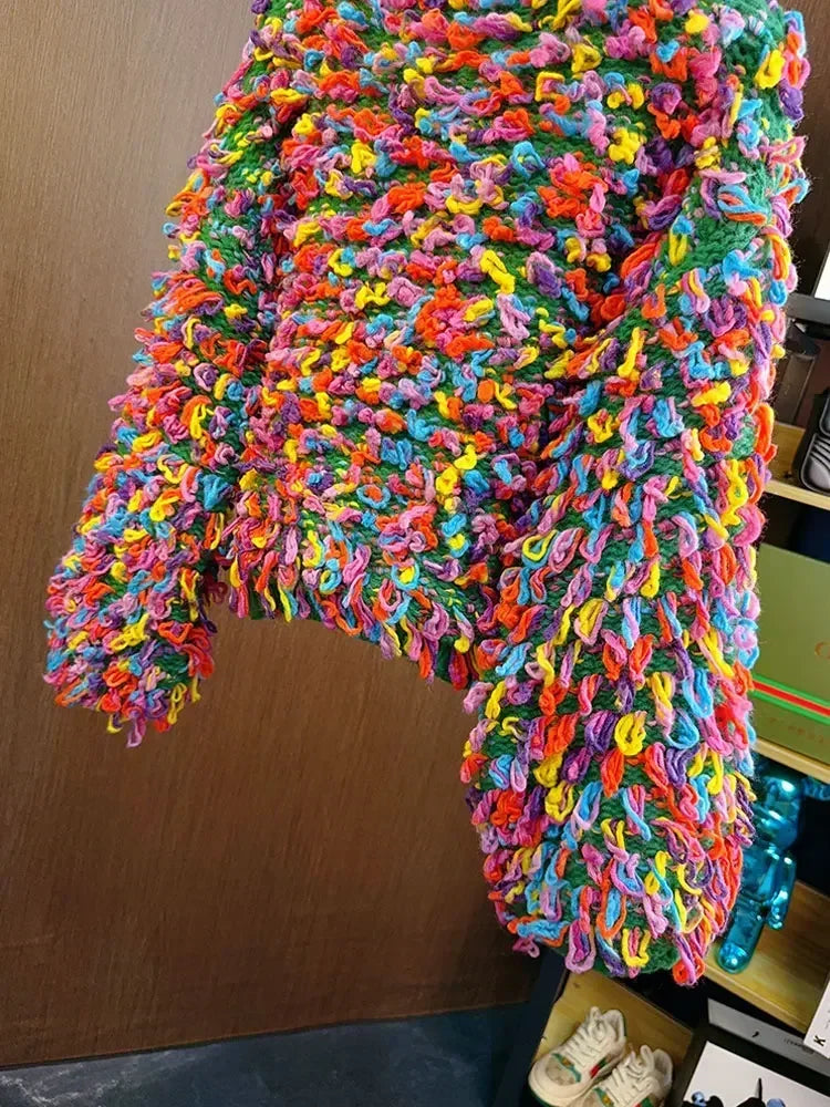 Fringe Crochet Jumper Rainbow Color Handmade Sweater Crew Neck Thick Needles Knit Pullover Knitwear Autumn/Winter Women Clothing SS69