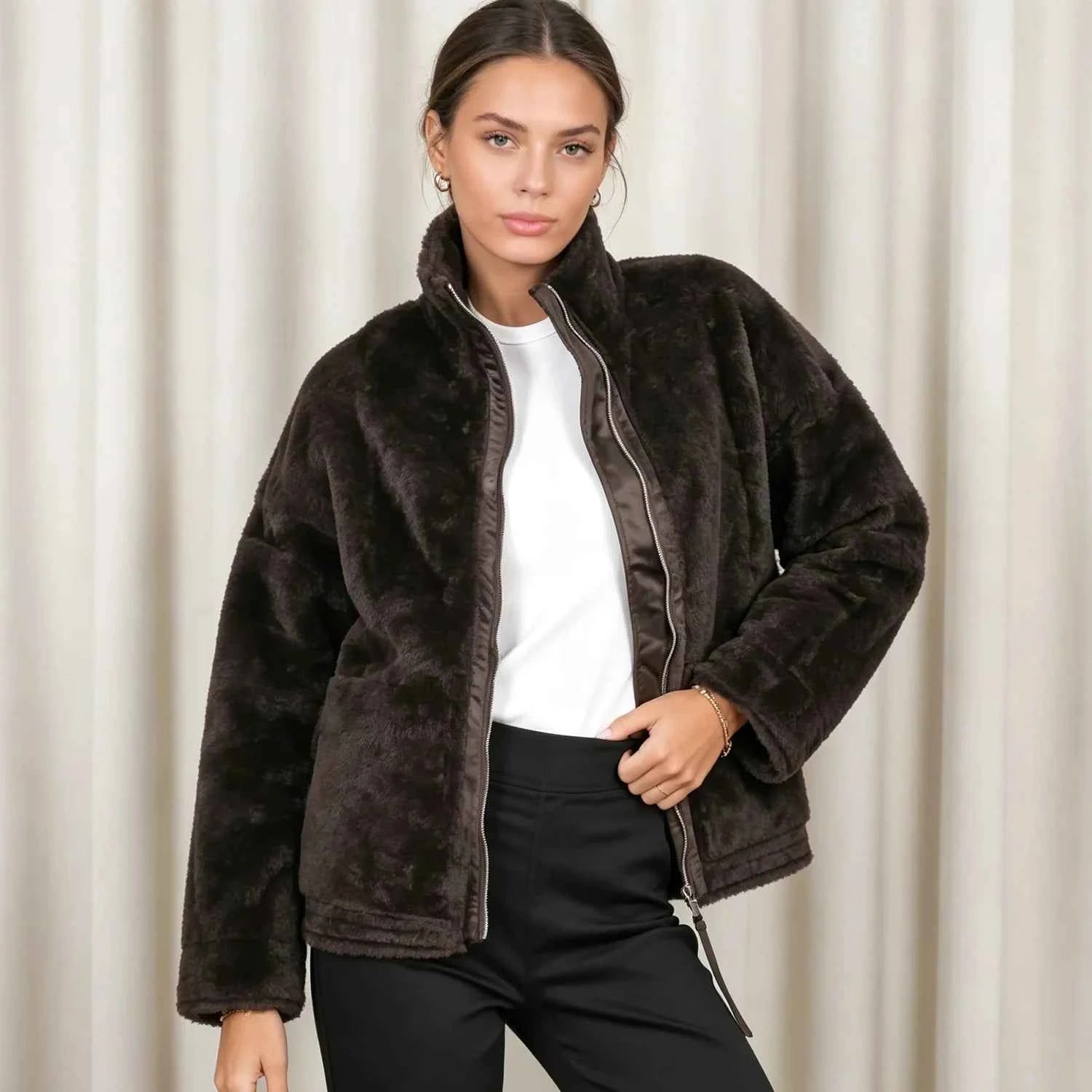 PUAL  2026 new fuzzy fleece zip up jacket, high collar, big pockets, warm casual short outerwear, cozy winter women plush coat