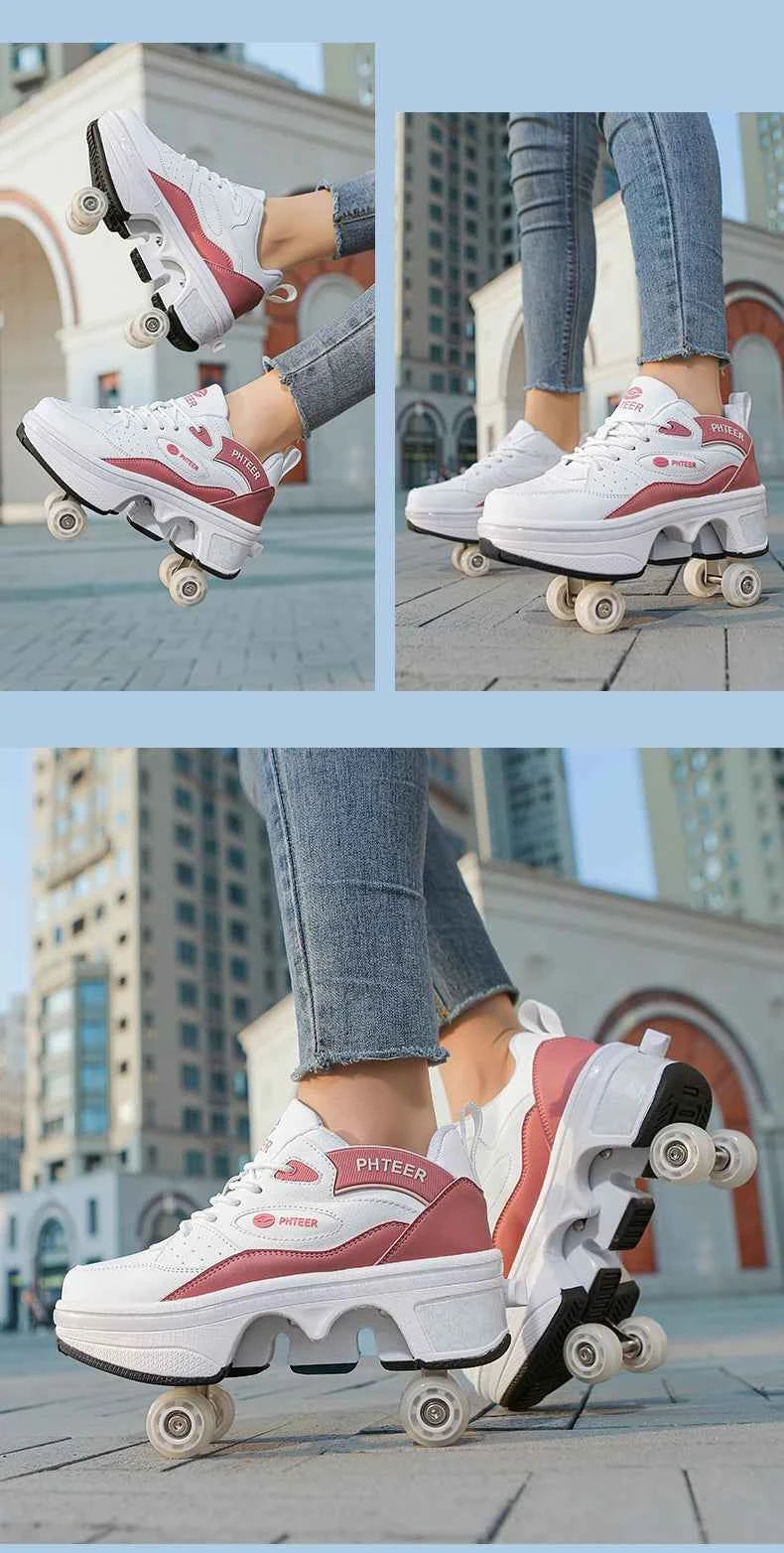 Deformation Shoes Roller Sneakers With 4 Wheels Skates Adult Kids Runaway Parkour Wheels Shoes For Women Men Youth Sport Shoes