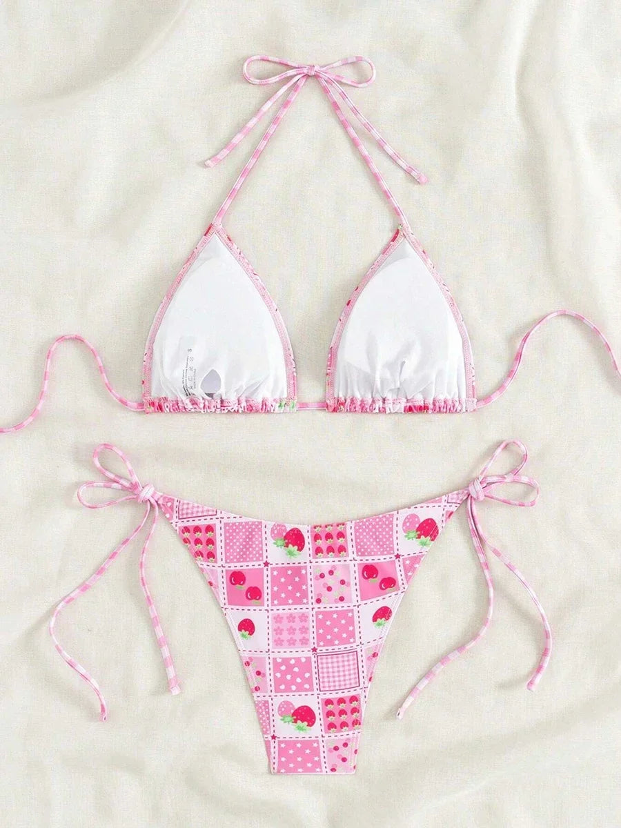 Swimsuit 2025 Female Micro Bikini Women Swimwear Summer Beachwear Women's Bathing Suit Floral Print Neck Halter Thong Bikini Set SS69