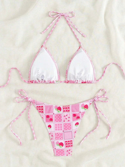 Swimsuit 2025 Female Micro Bikini Women Swimwear Summer Beachwear Women's Bathing Suit Floral Print Neck Halter Thong Bikini Set SS69