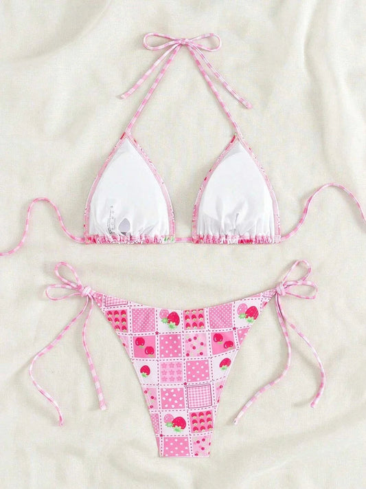 Swimsuit 2025 Female Micro Bikini Women Swimwear Summer Beachwear Women's Bathing Suit Floral Print Neck Halter Thong Bikini Set SS69