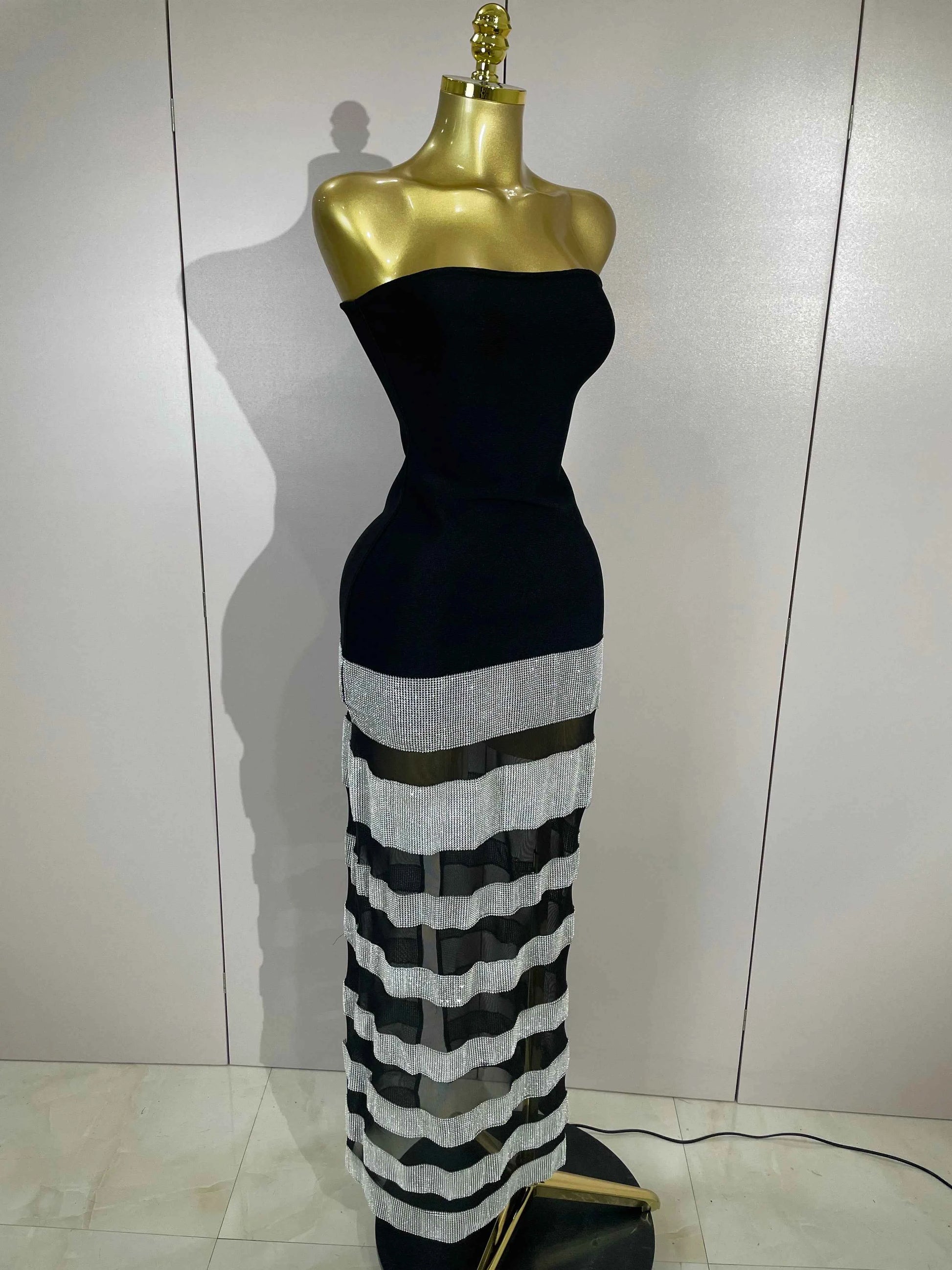 Elegangt Shiny Sexy Mesh Strapless Bodycon Long Bandage Dresses Women Club Birthday Evening Party Slim Celebrity Guest Dresses