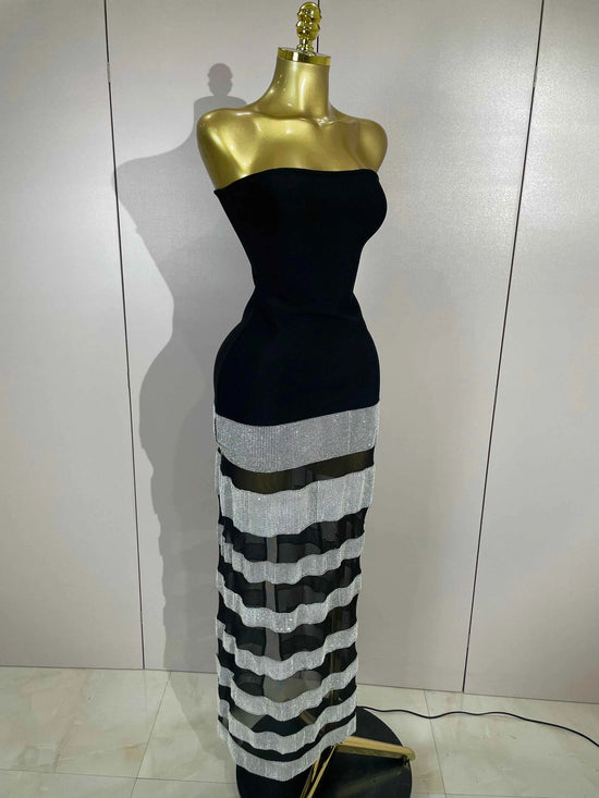 Elegangt Shiny Sexy Mesh Strapless Bodycon Long Bandage Dresses Women Club Birthday Evening Party Slim Celebrity Guest Dresses