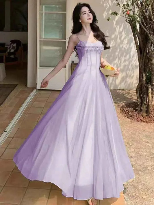 Summer Retro Purple Sexy Sleeveless Backless Ruffles Pleated Slip Dress French Women Green Elegant Party Evening Long Dress Chic