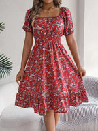 Summer Women's Beach Dress Floral 3D Print Square Neck Short-Sleeved Ladies Waist Ruffled A-Line Dress For Women Holiday Dresses