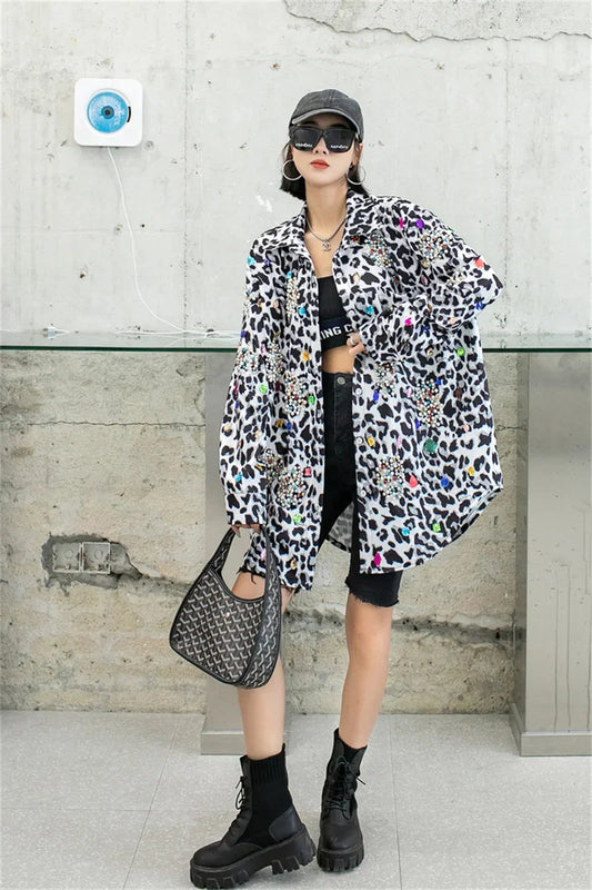 Harajuku Vintage Pearl Beaded Diamonds Leopard Print Women Thin Shirt Jacket Loose Casual Lapel Long Sleeve Female Jacket Coat SS69
