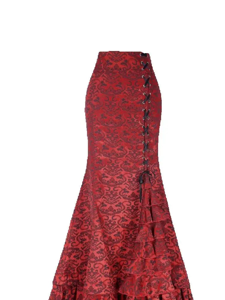 1pcs/lot Women Skirt vintage  Style Retro Mermaid Skirt Vintage Long Ruffle Slim Fishtail Skirt lace-up long print skirt SS69