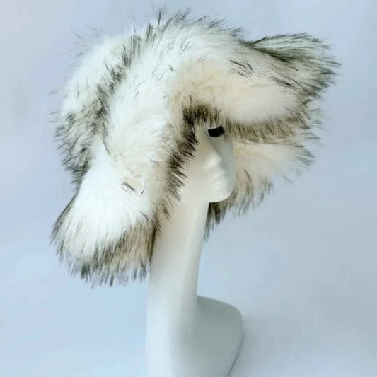 Luxury Fluffy Women Faux Fur Bucket Hats Oversized 17cm Wide Brim Thicken Outdoor Warm Plush Punk Hat Girl Y2k Female Ski Panama