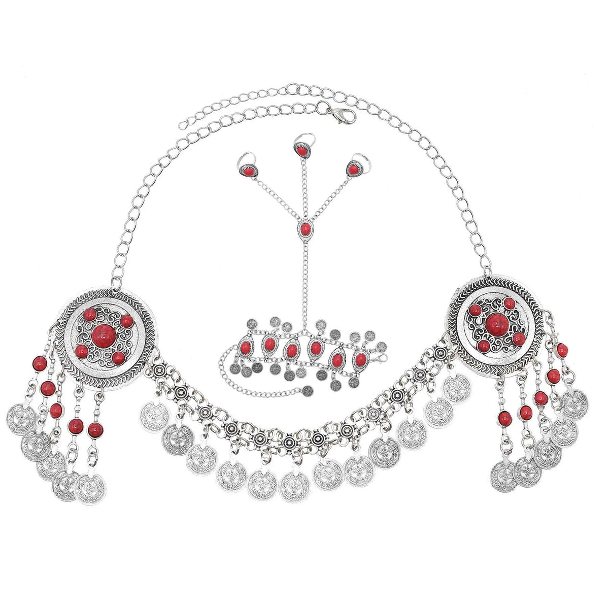 Traditional Kazakhstan Ethnic Coins Bracelet Hair Accessories  for Women Vintage Nepalese Tibetan Clothing Headwear Jewelry Set
