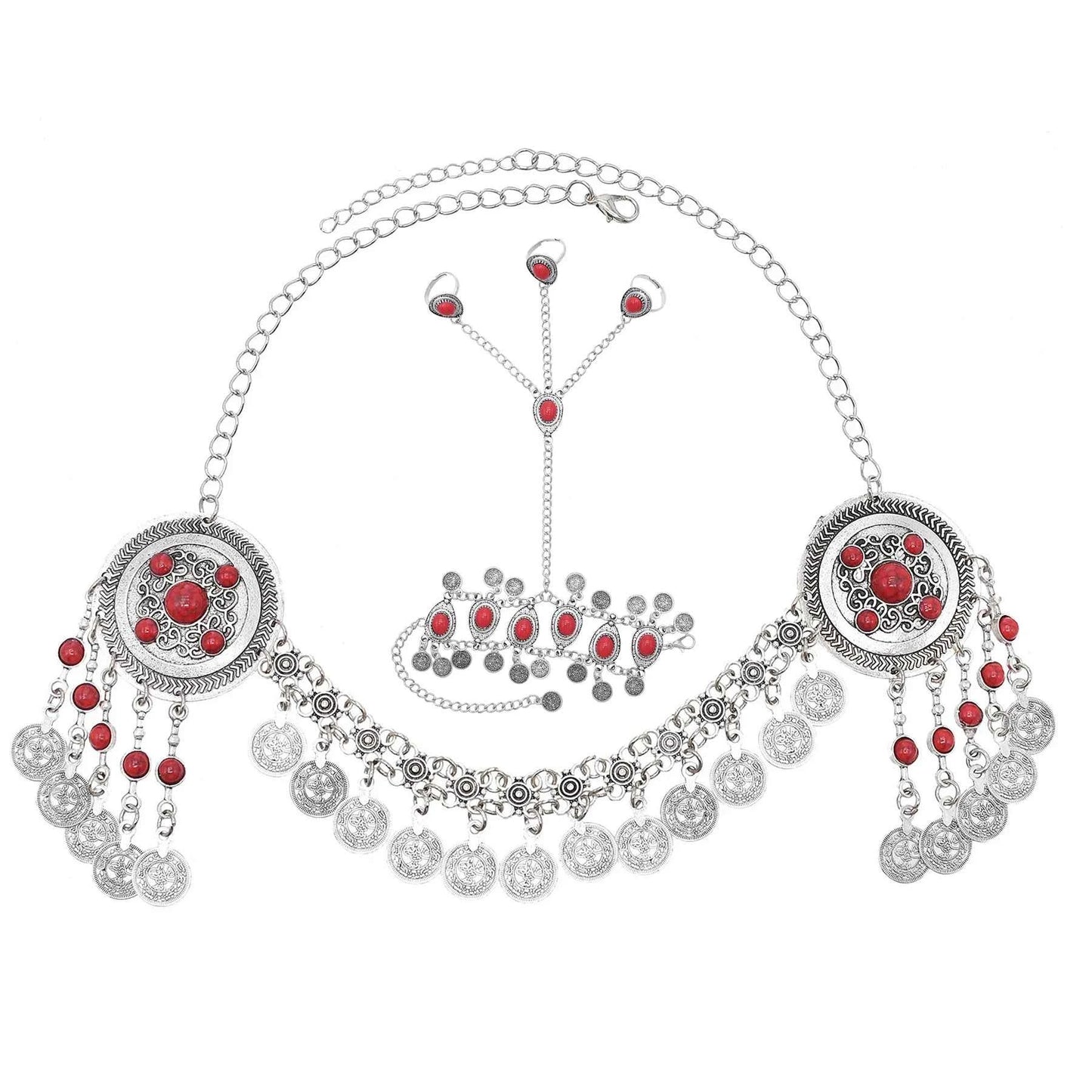 Traditional Kazakhstan Ethnic Coins Bracelet Hair Accessories  for Women Vintage Nepalese Tibetan Clothing Headwear Jewelry Set