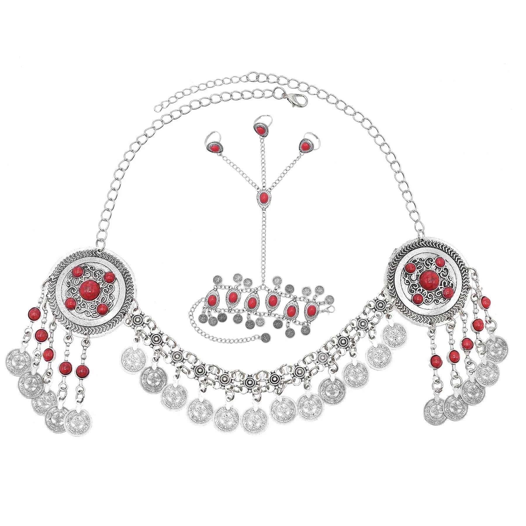 Traditional Kazakhstan Ethnic Coins Bracelet Hair Accessories  for Women Vintage Nepalese Tibetan Clothing Headwear Jewelry Set