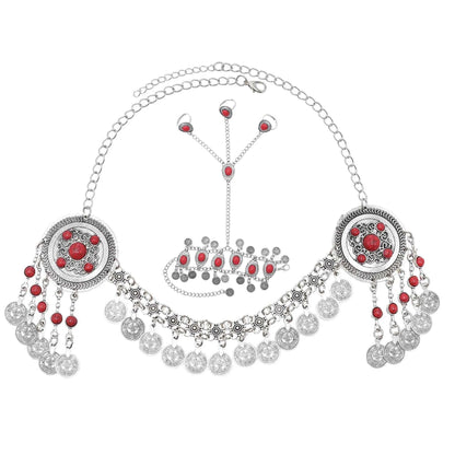 Traditional Kazakhstan Ethnic Coins Bracelet Hair Accessories  for Women Vintage Nepalese Tibetan Clothing Headwear Jewelry Set