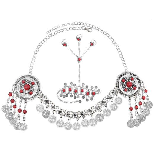 Traditional Kazakhstan Ethnic Coins Bracelet Hair Accessories  for Women Vintage Nepalese Tibetan Clothing Headwear Jewelry Set