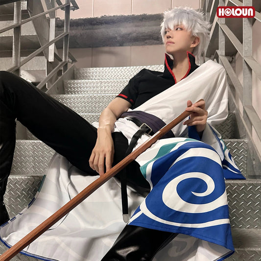 HOLOUN Gintama Anime Sakata Gintoki Cosplay Costume Wig Kimono Top Pants Cos Convention Halloween Christmas Gift SS69