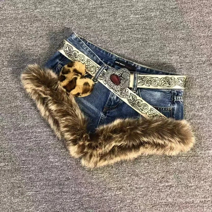 New American Y2k Retro Brown Hair Spliced shorts Trendy Old Hot Girl Low Waist Jeans Vintage Hip-hop Street Clothing Women SS69