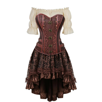 Brown Pirate Dress Plus Size Faxu Leather Steampunk Corset Dress with Shoulder Off Blouse Cosplay Pirate Costume for Women SS69