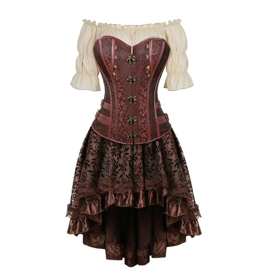 Brown Pirate Dress Plus Size Faxu Leather Steampunk Corset Dress with Shoulder Off Blouse Cosplay Pirate Costume for Women SS69