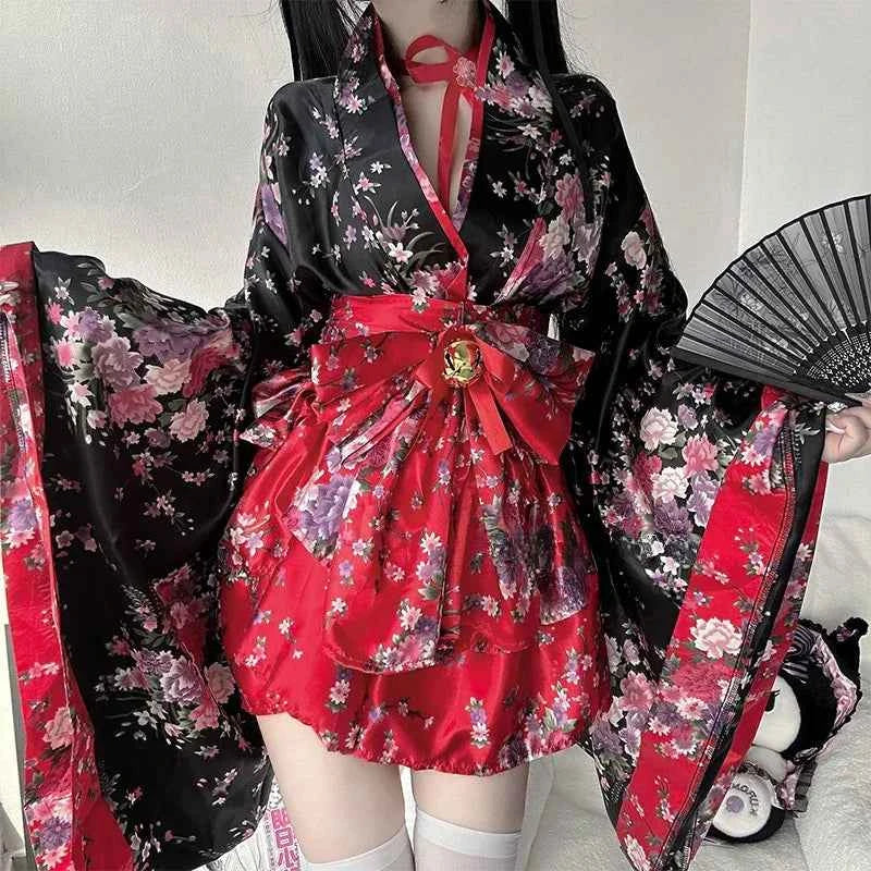 6pcs Traditional Japanese Kimono Robe Kawaii Pink Sakura Printed Bowknot Lolita Dress Halloween Party Geisha Cosplay Costumes