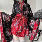 6pcs Traditional Japanese Kimono Robe Kawaii Pink Sakura Printed Bowknot Lolita Dress Halloween Party Geisha Cosplay Costumes