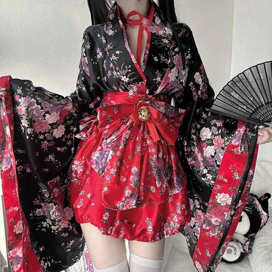 6pcs Traditional Japanese Kimono Robe Kawaii Pink Sakura Printed Bowknot Lolita Dress Halloween Party Geisha Cosplay Costumes
