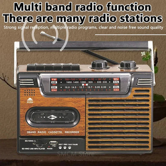 Portable Vintage Retro USB AM/FM/SW Multiband Radio Stereo Wireless Bluetooth Boombox Mp3 Audio Cassette Tape Player Recorder TF SS69