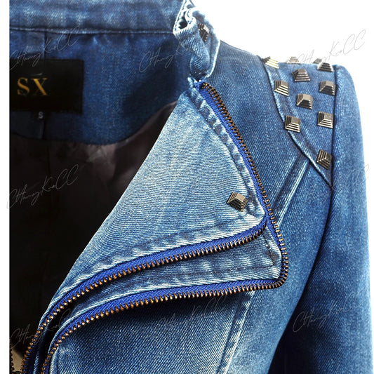 Punk Rivet Short Denim Slim Jackets Women Wash Long Sleeve Vintage Casual Studs Jean Outerwear Motorcycle Denim Coat Large Size SS69