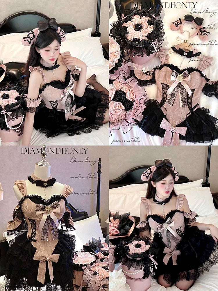 2024 New Spring Summer Ladies Exquisite Lace Skirt Suit Lolita Sweet Womens Black Pink Bow Tube Top Sling Short Cake Skirt Set SS69