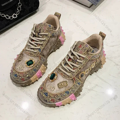 Women's Casual Sneakers Fashion Luxury Rhinestone Ladies Shoes 2024 New Outdoor Platform Female Sports Shoes Vulcanized Shoes SS69 27.69 Coffee color / 35